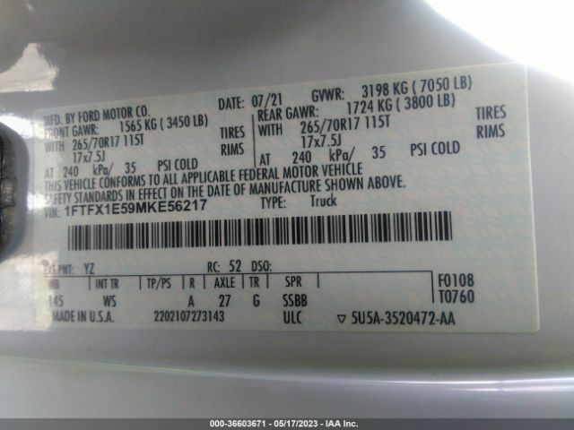 1FTFX1E59MKE56217 Ford F-150 Xl/xlt/lariat