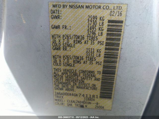 1N6AD0ER4GN741181 Nissan Frontier S/sv/desert Runner/sl