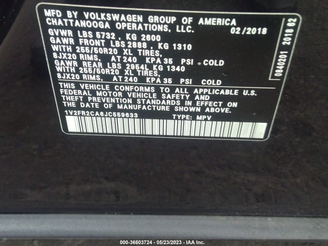1V2FR2CA6JC559633 Volkswagen Atlas 3.6l V6 Se W/technology