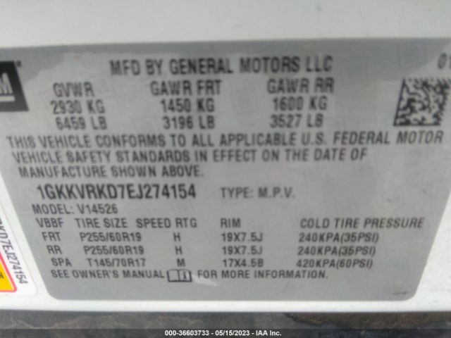 1GKKVRKD7EJ274154 GMC ACADIA SLT