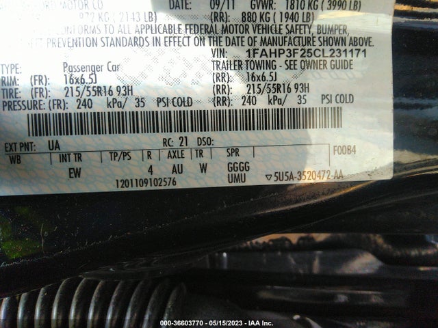 2012 FORD FOCUS SE VIN: 1FAHP3F25CL231171