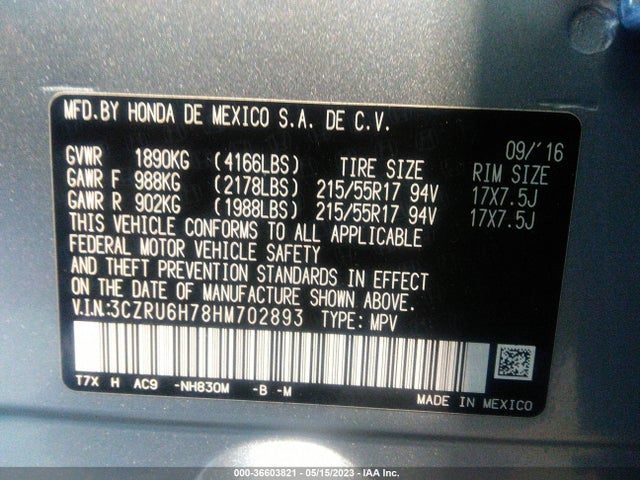 2017 HONDA HR-V EX-L NAVI VIN: 3CZRU6H78HM702893