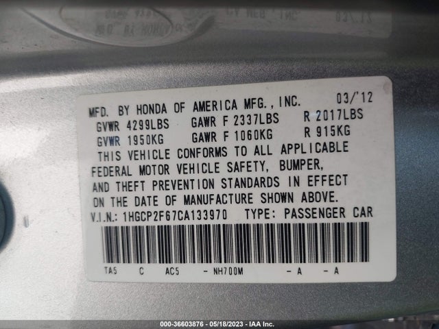 2012 HONDA ACCORD SDN SE VIN: 1HGCP2F67CA133970