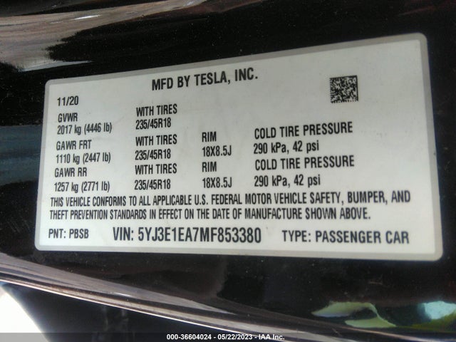 2021 Tesla 3, VIN: 5YJ3E1EA7MF853380