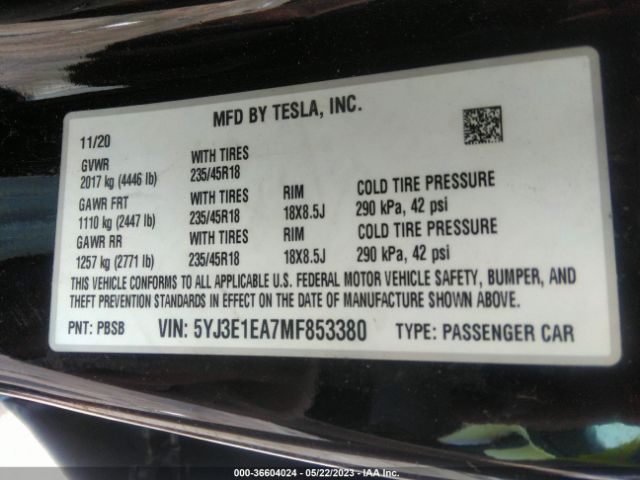5YJ3E1EA7MF853380 Tesla Model 3 Standard Range Plus