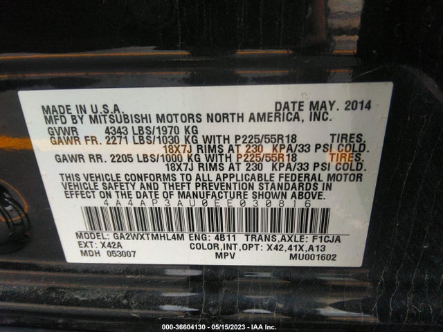 4A4AP3AU0EE030816 Mitsubishi Outlander Sport Es
