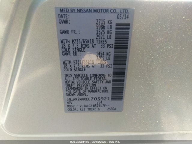 5N1AR2MNXEC705921 Nissan Pathfinder Sl