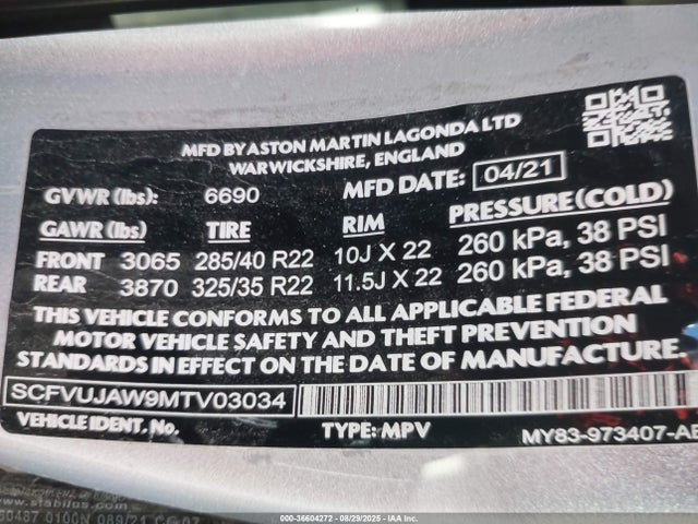 Aukcja sprzedaży 2021 Aston Martin Dbx, vin: SCFVUJAW0MTV03004, numer aukcji: 36604272