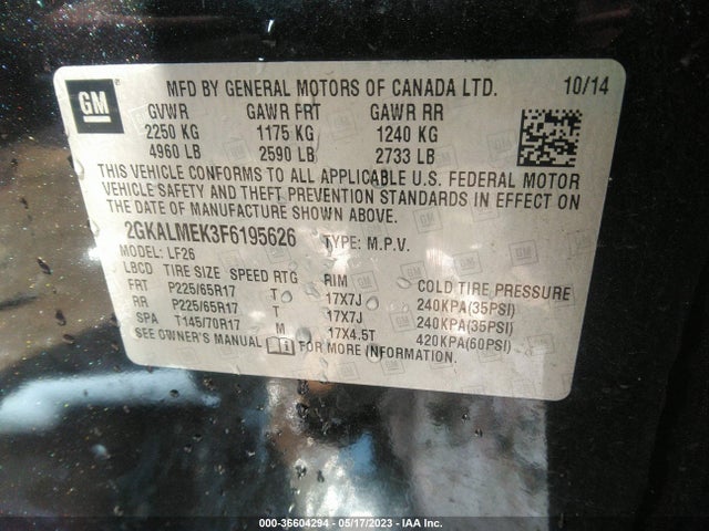 GMC Terrain Sle-1 2015 2GKALMEK3F6195626 Image 9