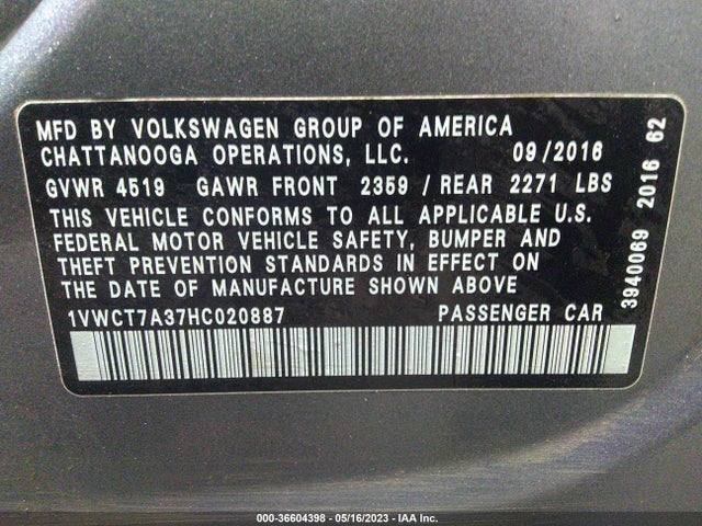 1VWCT7A37HC020887 Volkswagen Passat 1.8t Sel Premium