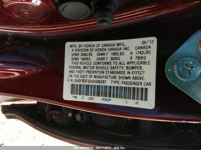 2012 HONDA CIVIC SDN LX VIN: 2HGFB2F53CH596287