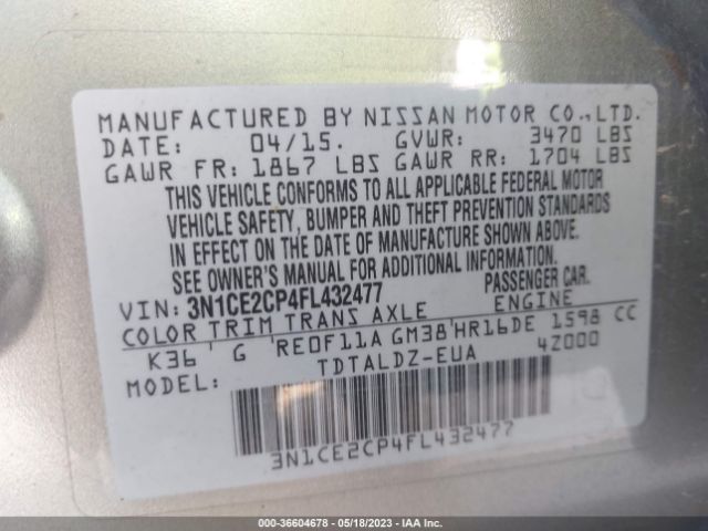 3N1CE2CP4FL432477 Nissan Versa Note Sv