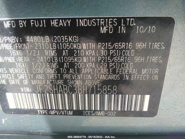 2011 SUBARU FORESTER 2.5X VIN: JF2SHABC3BH715858