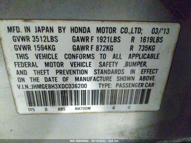 2013 HONDA FIT VIN: JHMGE8H3XDC036200