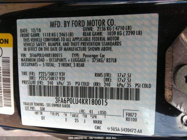 3FA6P0LU4KR180015 Ford Fusion Hybrid Se