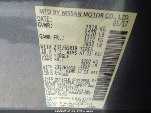 5N1AZ2MG5HN166375 Nissan MURANO SL