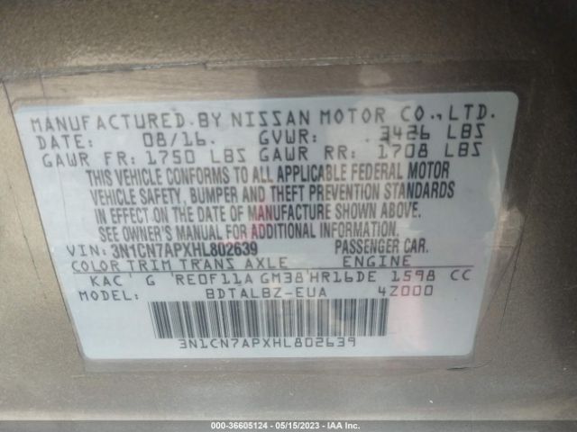 3N1CN7APXHL802639 Nissan Versa Sedan Sv