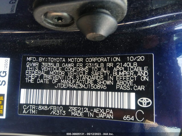 2021 TOYOTA COROLLA LE VIN: JTDEPMAE3MJ150896