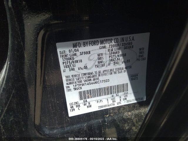 2004 FORD F-150 XLT/FX4/LARIAT VIN: 1FTPW14544KC17523