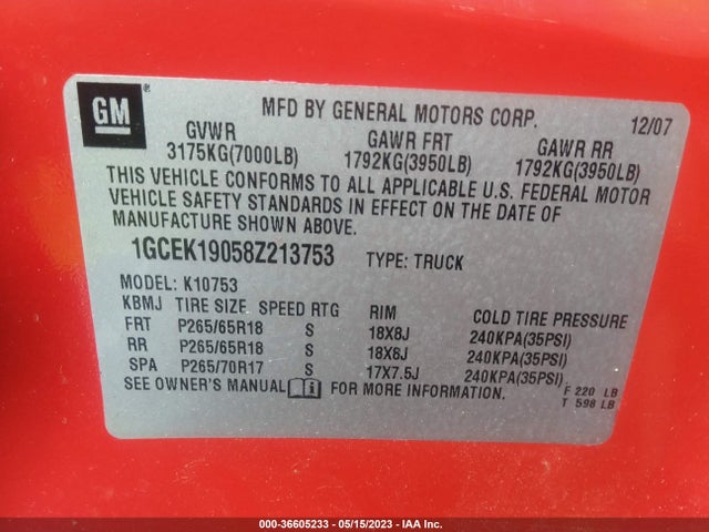 2008 CHEVROLET SILVERADO 1500 LT W/1LT VIN: 1GCEK19058Z213753