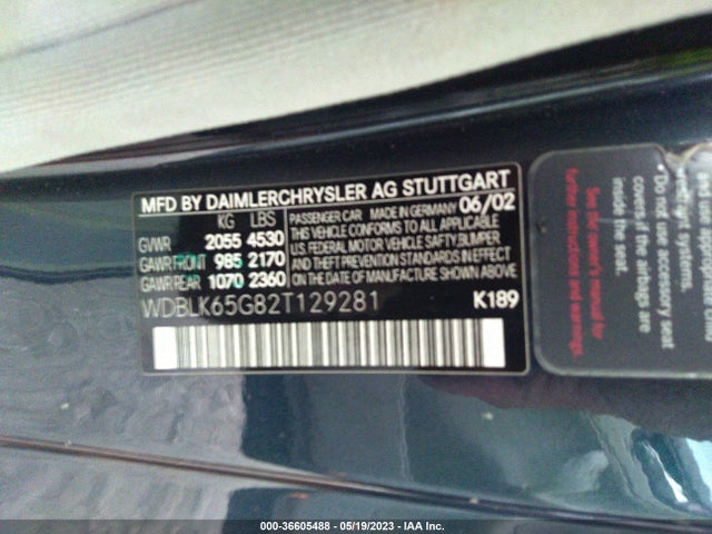 2002 MERCEDES-BENZ CLK-CLASS VIN: WDBLK65G82T129281