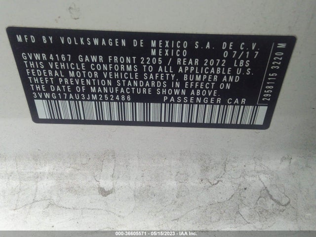 3VWG17AU3JM252486 Volkswagen GOLF S/SE