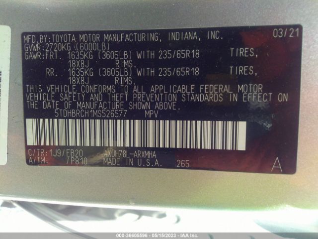 Toyota Highlander Hybrid Xle 2021 5TDHBRCH1MS526577 Image 9