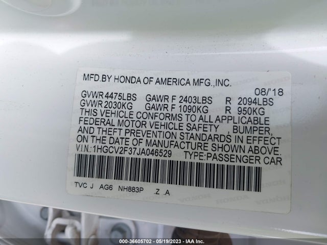 2018 HONDA ACCORD SEDAN SPORT 2.0T VIN: 1HGCV2F37JA046529