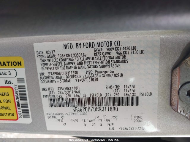 Ford FUSION SE 2017 3FA6P0H70HR311890 Image 9