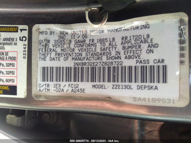 2007 TOYOTA COROLLA CE/S/LE VIN: 1NXBR32E27Z828722
