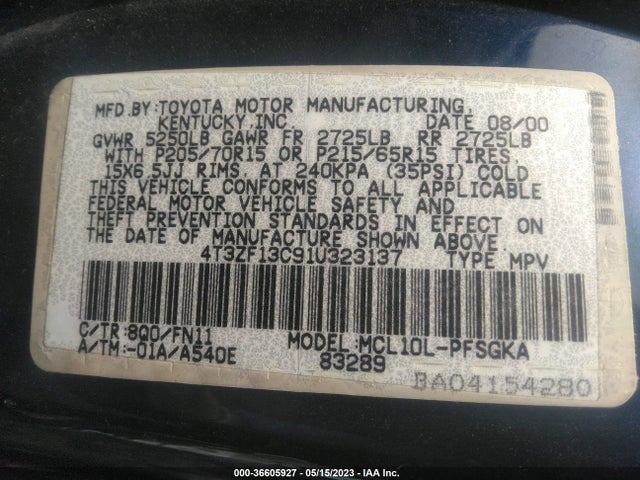 2001 TOYOTA SIENNA LE/XLE VIN: 4T3ZF13C91U323137