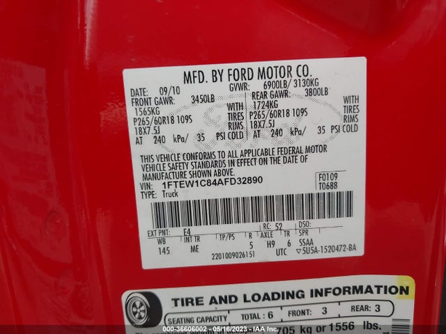 2010 FORD F-150 XL/XLT/FX2 SPORT VIN: 1FTEW1C84AFD32890