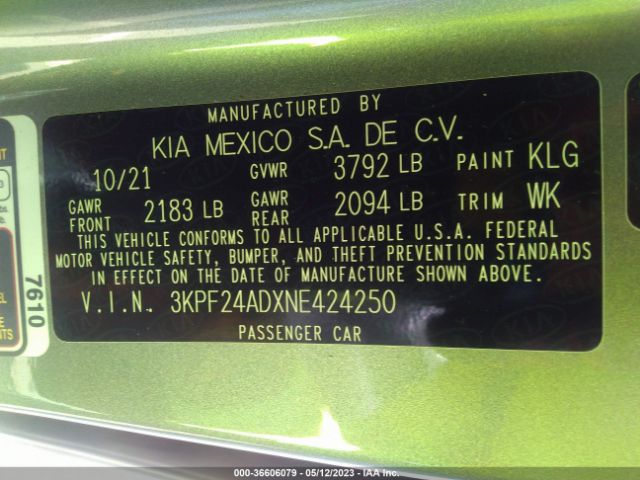 3KPF24ADXNE424250 KIA Forte Lxs