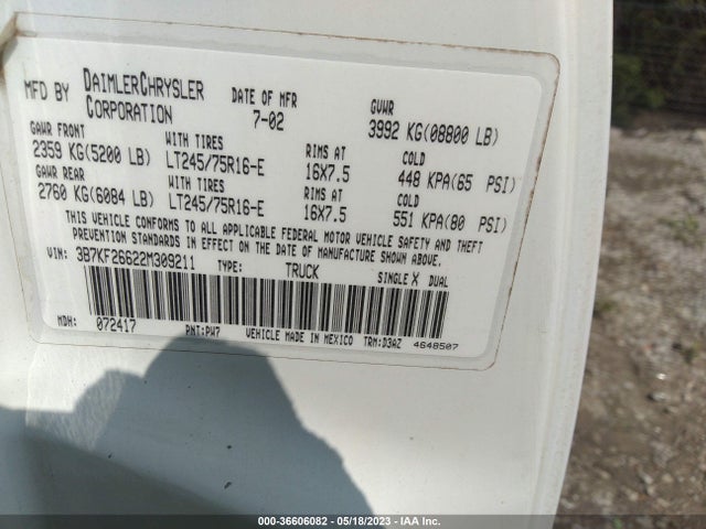 2002 DODGE RAM 2500 VIN: 3B7KF26622M309211