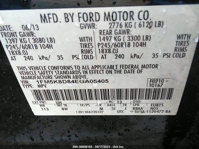 2014 FORD EXPLORER XLT VIN: 1FM5K8D84EGA05405