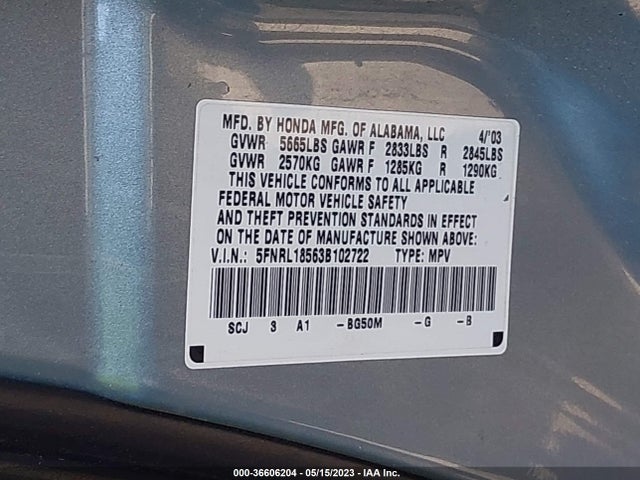 2003 HONDA ODYSSEY LX VIN: 5FNRL18563B102722