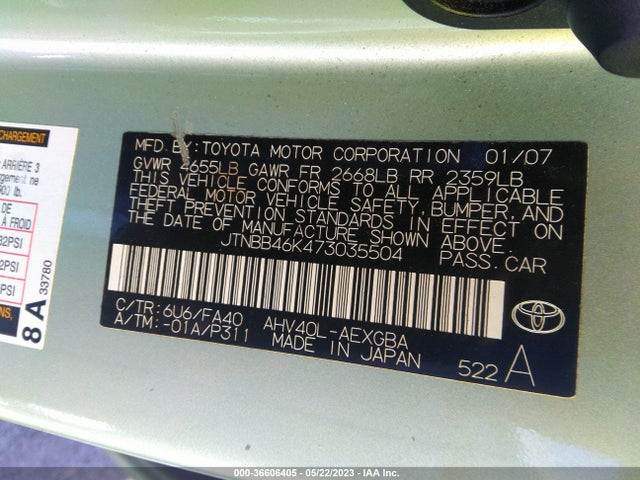 2007 TOYOTA CAMRY HYBRID VIN: JTNBB46K473035504