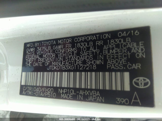 Toyota Prius C One/two/three/four 2016 JTDKDTB3XG1127218 Image 9