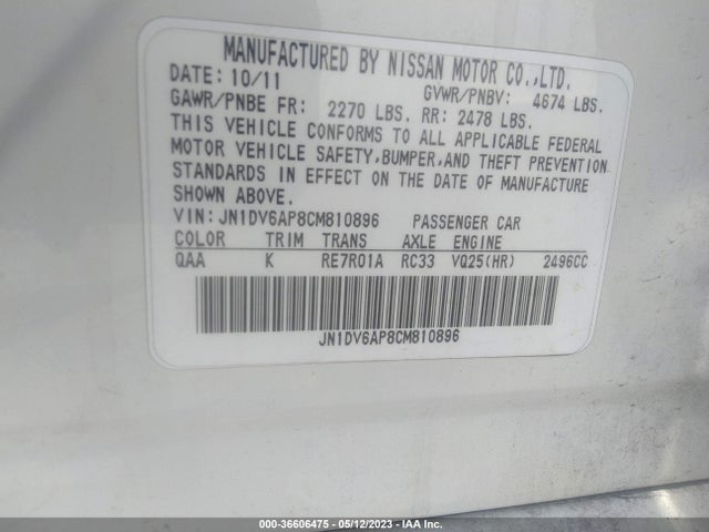 2012 INFINITI G25 SEDAN JOURNEY VIN: JN1DV6AP8CM810896