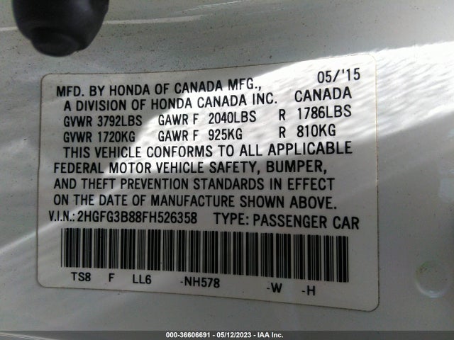 Honda Civic Coupe Ex 2015 2HGFG3B88FH526358 Image 9