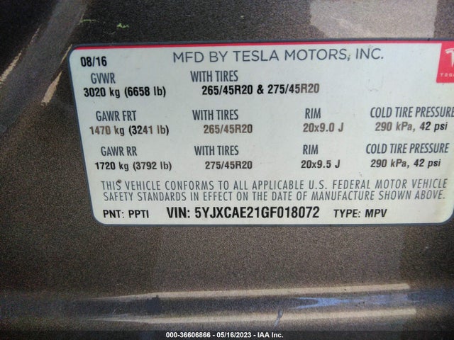 5YJXCAE21GF018072 Tesla Model X 70d/90d/75d/60d