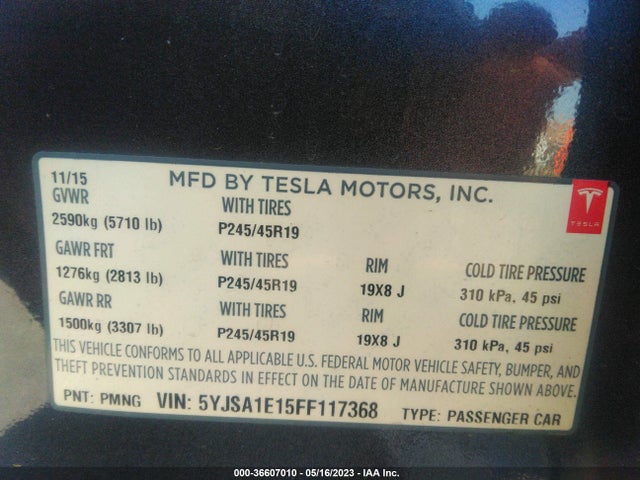 5YJSA1E15FF117368 Tesla Model S Kwh Battery