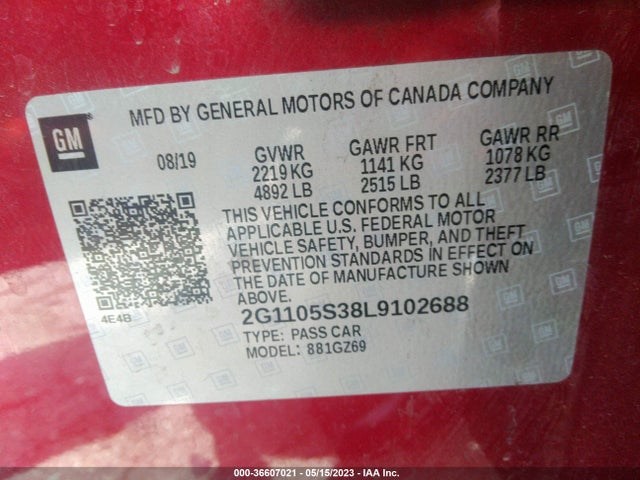 2020 CHEVROLET IMPALA PREMIER VIN: 2G1105S38L9102688