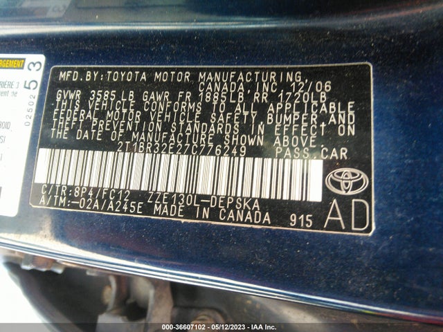 2007 TOYOTA COROLLA CE/S/LE VIN: 2T1BR32E27C776249