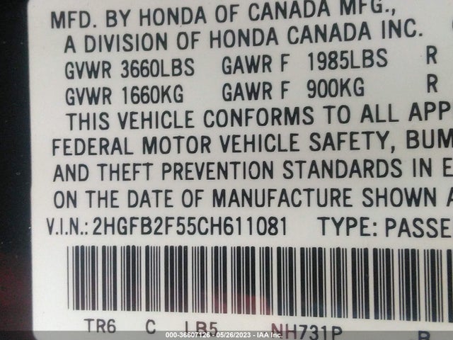 2012 HONDA CIVIC SDN LX VIN: 2HGFB2F55CH611081