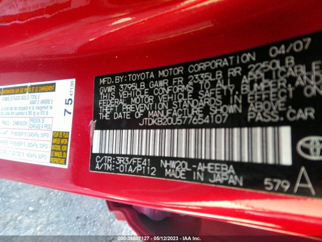 2007 TOYOTA PRIUS VIN: JTDKB20U577654107