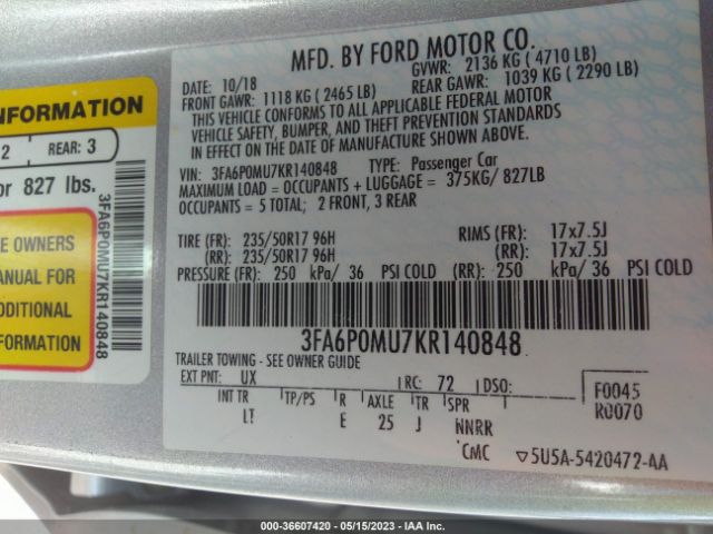 Ford Fusion Hybrid Sel 2019 3FA6P0MU7KR140848 Image 10