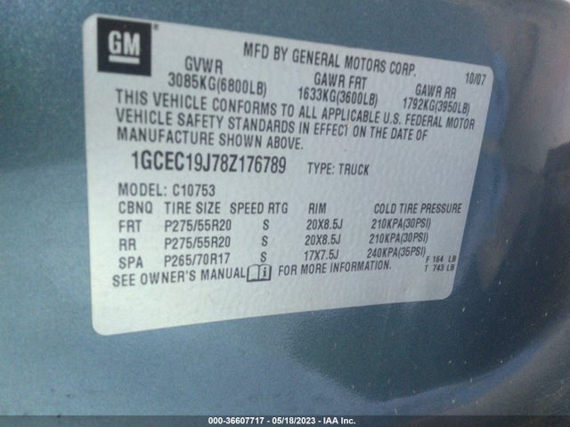 2008 CHEVROLET SILVERADO 1500 LT W/2LT VIN: 1GCEC19J78Z176789