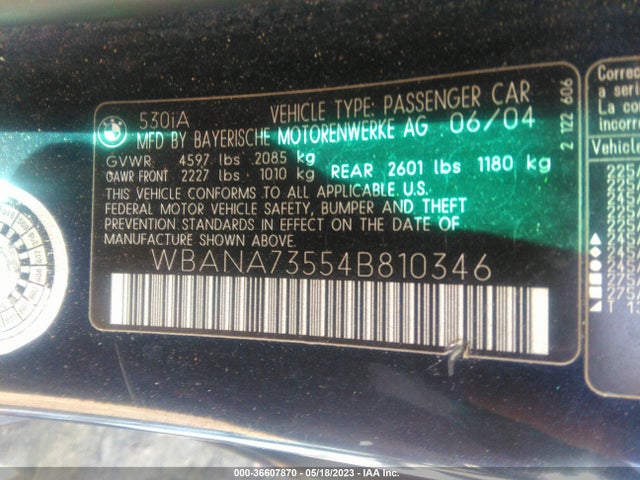 2004 BMW 5 SERIES/5-SERIES 530I VIN: WBANA73554B810346