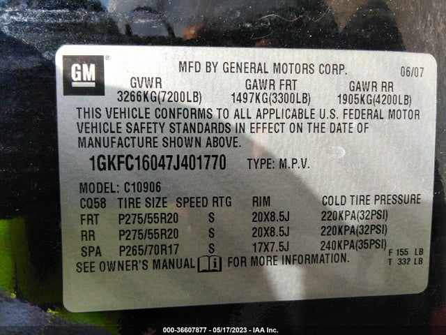 2007 GMC YUKON XL SLT VIN: 1GKFC16047J401770